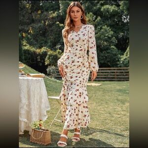 Small floral print ruffled hem mermaid style maxi dress